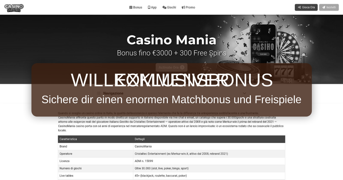 Mania Casino welcome bonus